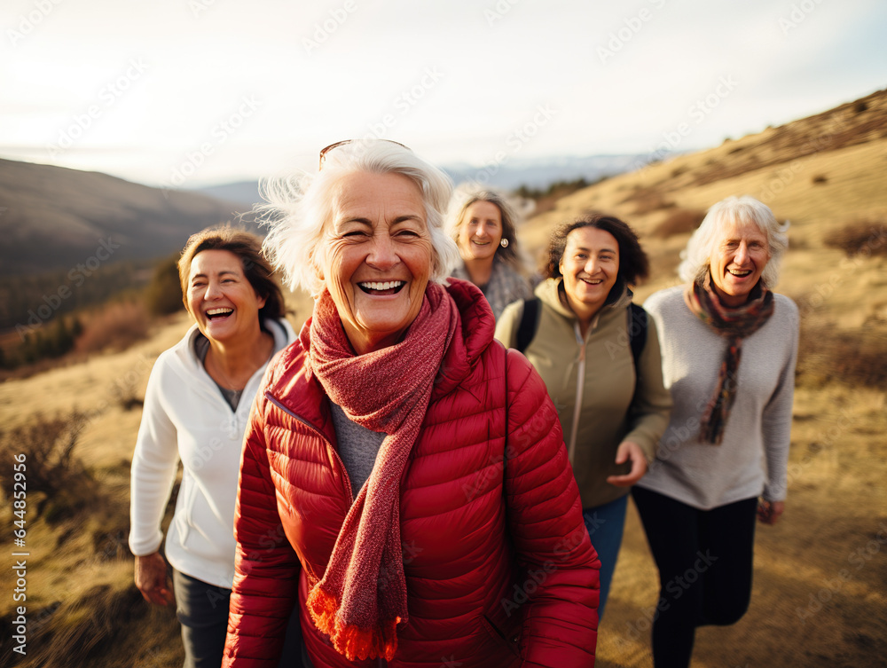 Elderly Women Enjoying Group Hike in Their Active Retirement, Embracing the Beauty of Nature with Joyful Smiles Elderly Women Enjoying Group Hike in Their Active Retirement, Embracing the Beauty of Nature with Joyful Smiles