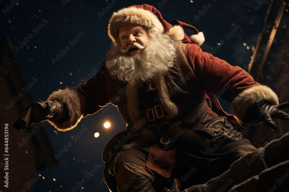 Santa Claus, illuminated by a full moon, as he prepares to descend from the rooftop to deliver gifts. The composition captures the anticipation and wonder of Santa's arrival. Generative Ai Santa Claus, illuminated by a full moon, as he prepares to descend from the rooftop to deliver gifts. The composition captures the anticipation and wonder of Santa's arrival. Generative Ai