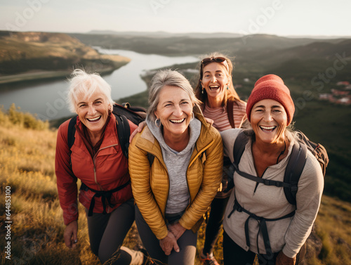 Elderly Women Enjoying Group Hike in Their Active Retirement, Embracing the Beauty of Nature with Joyful Smiles