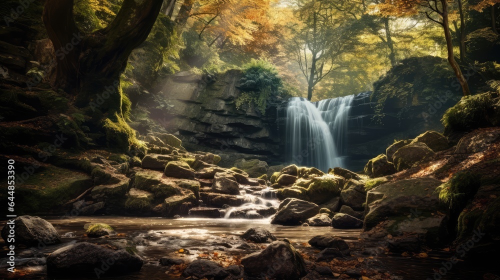 Waterfall in the middle of the forest, AI generated Image - obrazy, fototapety, plakaty 