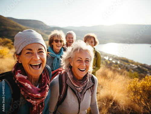 Elderly Women Enjoying Group Hike in Their Active Retirement, Embracing the Beauty of Nature with Joyful Smiles