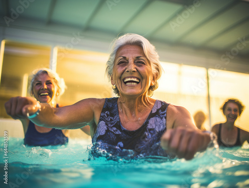 Energetic Senior Women Having Fun in Aqua Fit Class: Embracing a Healthy Retirement Lifestyle Together