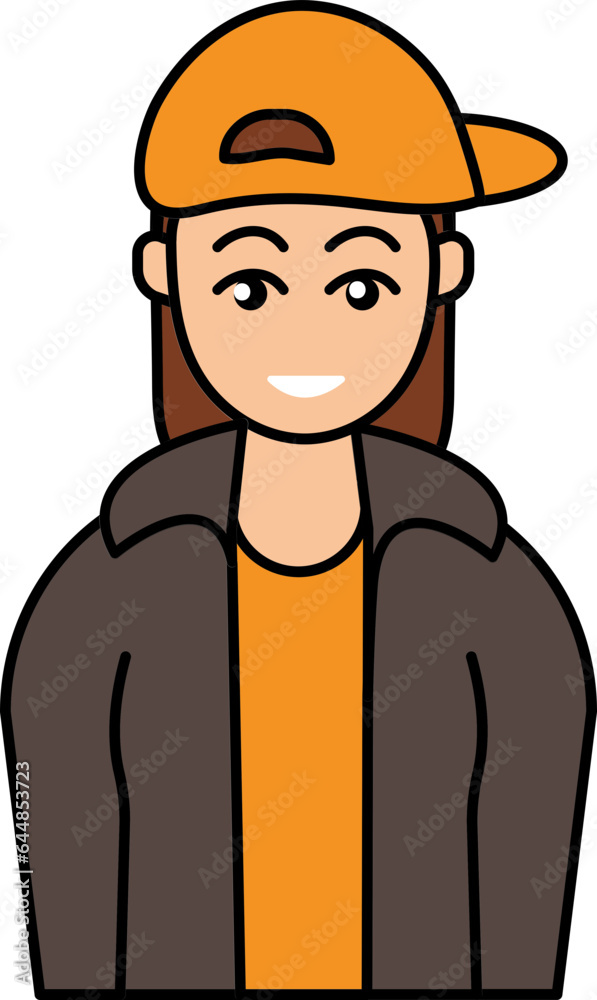Brown Jacket Wearing Young Girl With Hat Flat Icon.