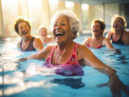 Energetic Senior Women Having Fun in Aqua Fit Class: Embracing a Healthy Retirement Lifestyle Together © Jugoslav