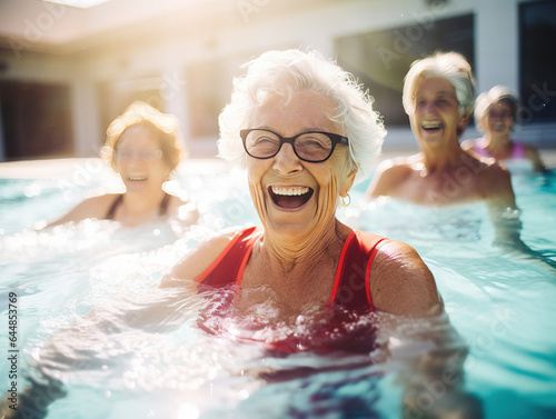 Energetic Senior Women Having Fun in Aqua Fit Class  Embracing a Healthy Retirement Lifestyle Together