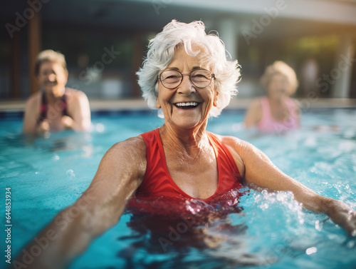 Energetic Senior Women Having Fun in Aqua Fit Class: Embracing a Healthy Retirement Lifestyle Together © Jugoslav