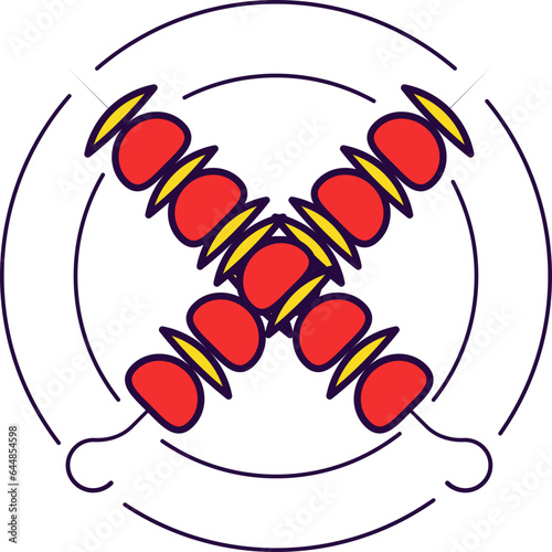 Red And Yellow Cross Kebab Against Circle Background.