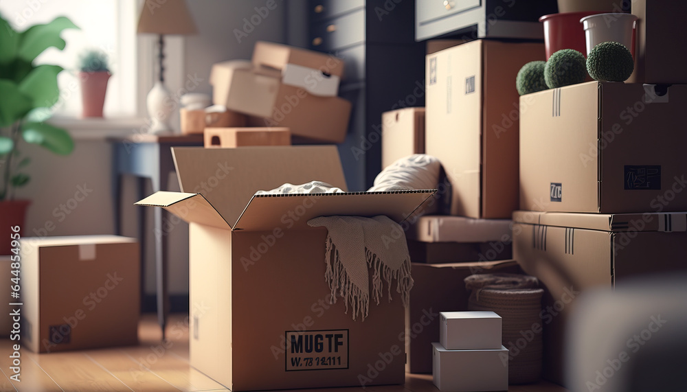 Cardboard Boxes Full of Belongings in a Cozy Living Room of a Newly Owned Home - ai generated - obrazy, fototapety, plakaty 