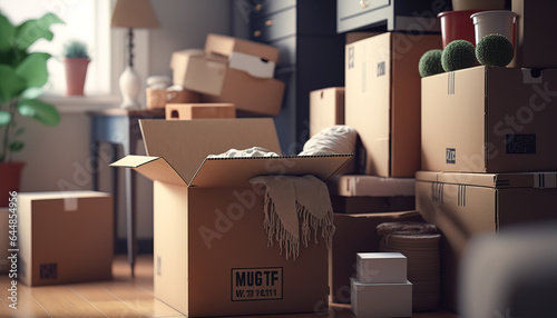 Cardboard Boxes Full of Belongings in a Cozy Living Room of a Newly Owned Home - ai generated photo