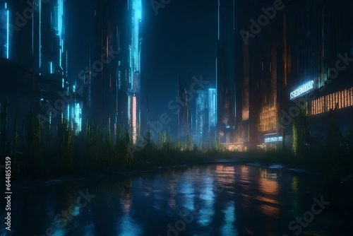  3D rendering of a cyberpunk world. Depict a gritty  neon-lit cityscape with overgrown vegetation reclaiming the landscape  offering a vivid contrast between the vibrancy of technology and the nature