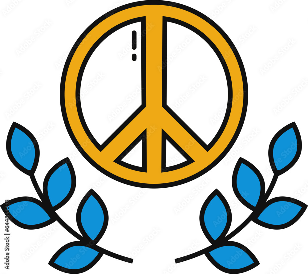 Peace Symbol With Leaves Icon In Blue And Yellow Color. Peace Symbol With Leaves Icon In Blue And Yellow Color.