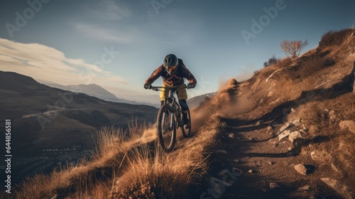 Mountain biker going down hill, AI generated Image