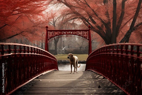 Crimson canine strolling, glancing at lens on park bridge. Generative AI © Eudora