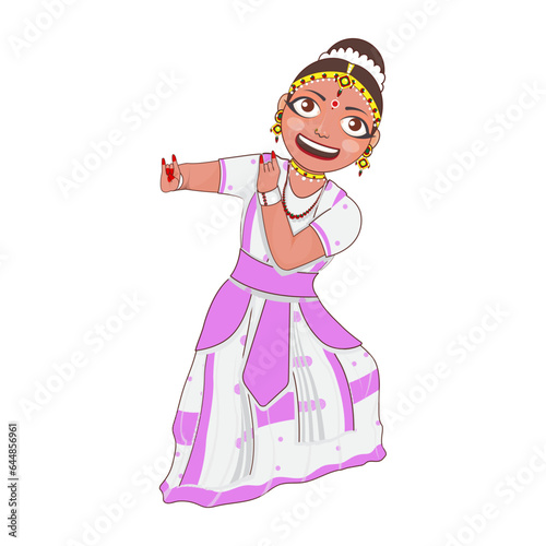 Cheerful Young Girl Doing Sattriya Nritya Over White Background. photo