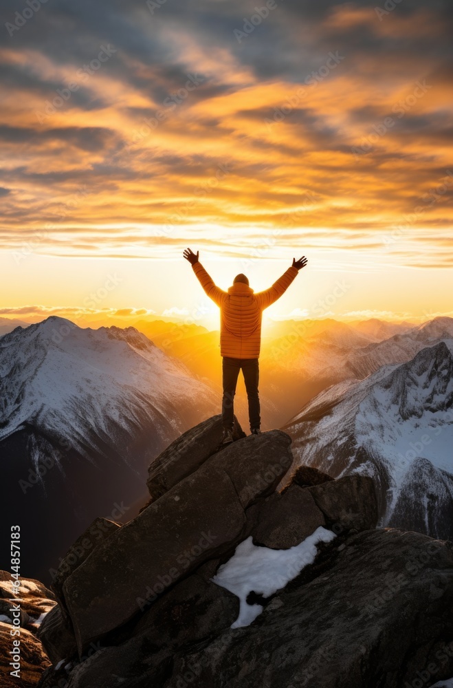 Worship. Happy man standing on top of a mountain and looking at the sunset Worship. Happy man standing on top of a mountain and looking at the sunset