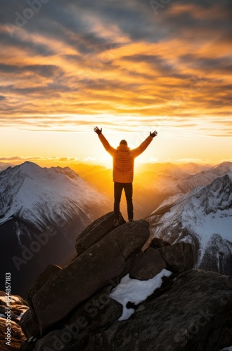 Worship. Happy man standing on top of a mountain and looking at the sunset