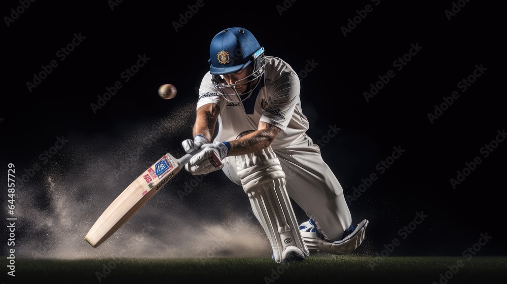 Naklejka premium Cricket player hitting the ball, AI generated Image