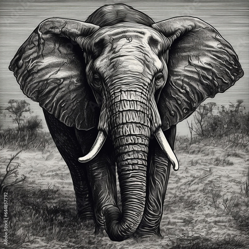 Portrait of an elephant with large tusks against the background of the African savanna  black and white drawing engraving style 