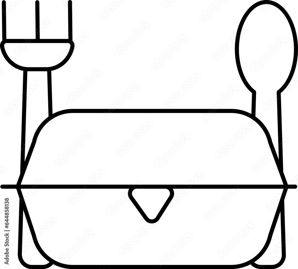 Isolated Lunch Box With Fork And Spoon In Black Line Art. Isolated Lunch Box With Fork And Spoon In Black Line Art.
