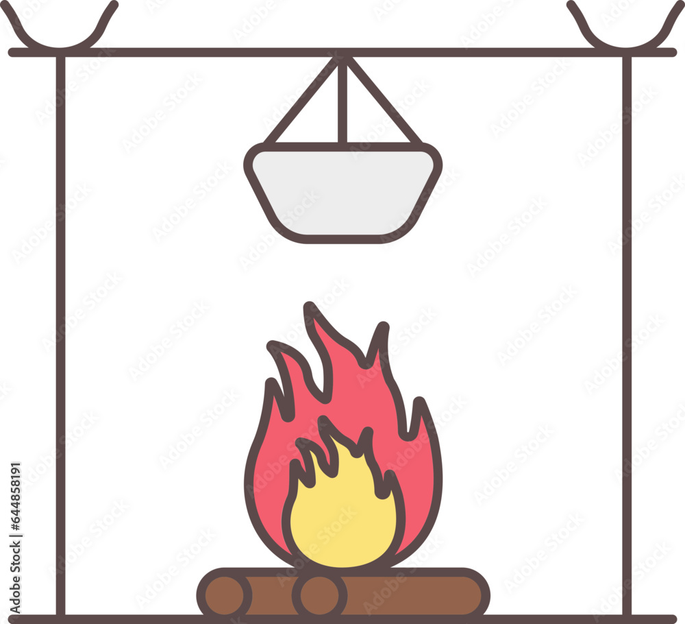 Fototapeta premium Hanging Food Pot On Bonfire Colorful Icon.
