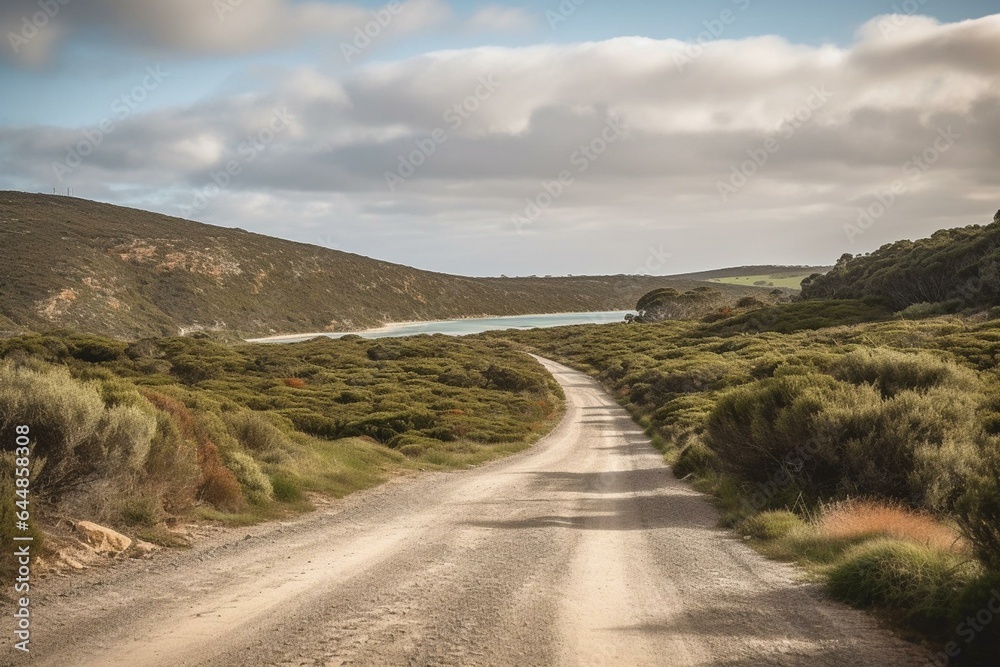 Exciting kangaroo island road trip: winding road, hills, journey, travel. Generative AI