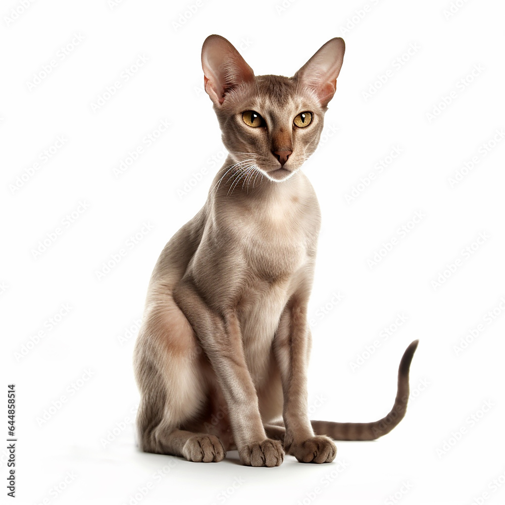 Cute Oriental Shorthair breed cat portrait close-up isolated on white, lovely pet