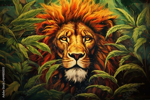 Lion in reggae style surrounded by marijuana leaf, symbolizing legal cannabis use. Generative AI