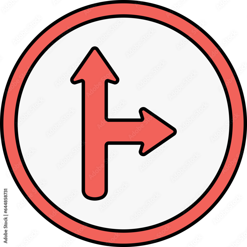 Red Straight And Right Arrow Symbol On White Circle Background. Red Straight And Right Arrow Symbol On White Circle Background.