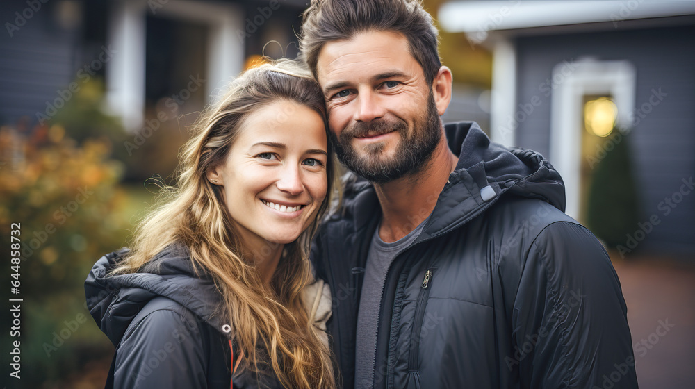 Portrait of a smiling middle-aged Caucasian couple dressed casually at the door of their house
