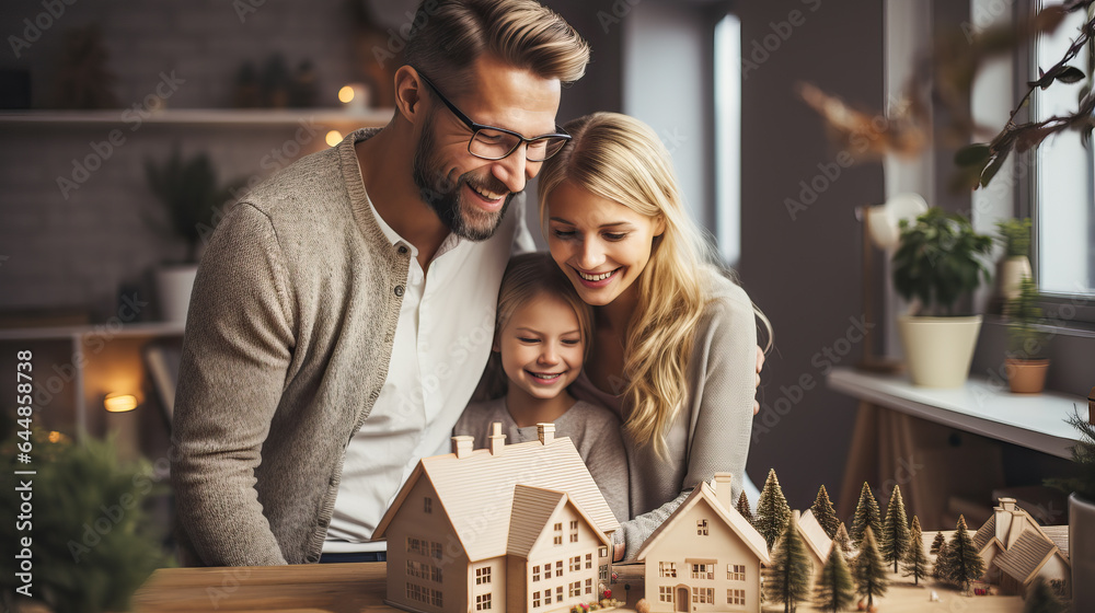 Smiling Caucasian family contemplating the mockup of their new house - obrazy, fototapety, plakaty 