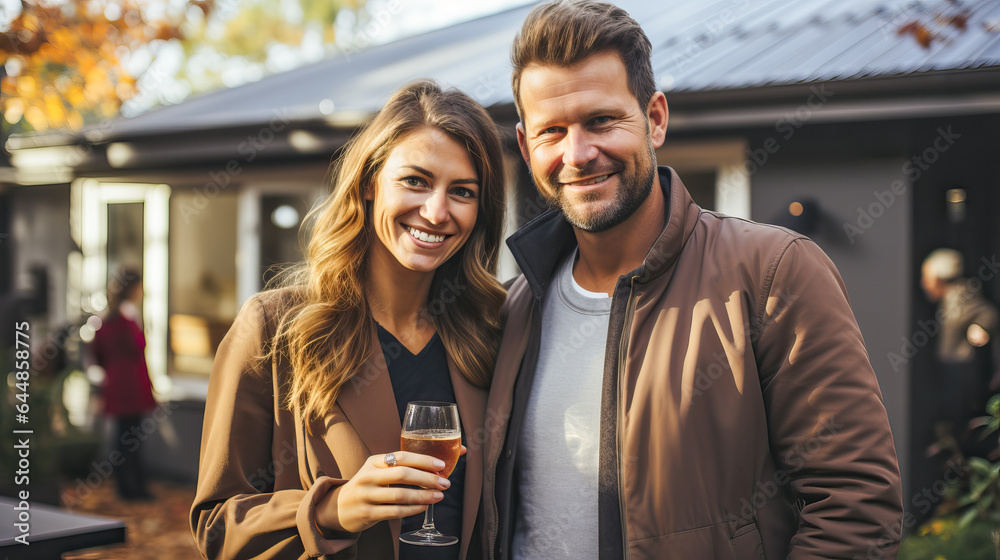 Smiling middle-aged couple in front of their house Smiling middle-aged couple in front of their house