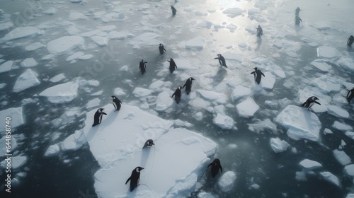 A group of penguins walking on ice, AI generated Image photo
