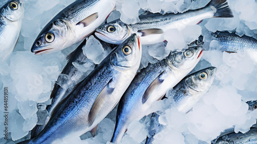 Fresh Horse Mackerel, trachurus on Ice. Seafood background. Generative AI photo