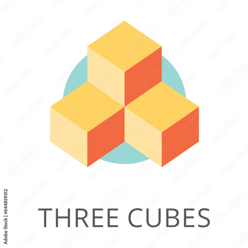 Three cubes united into single isolated on white. Colored flat vector icon of 3D geometrical figure. Signs and symbols concept