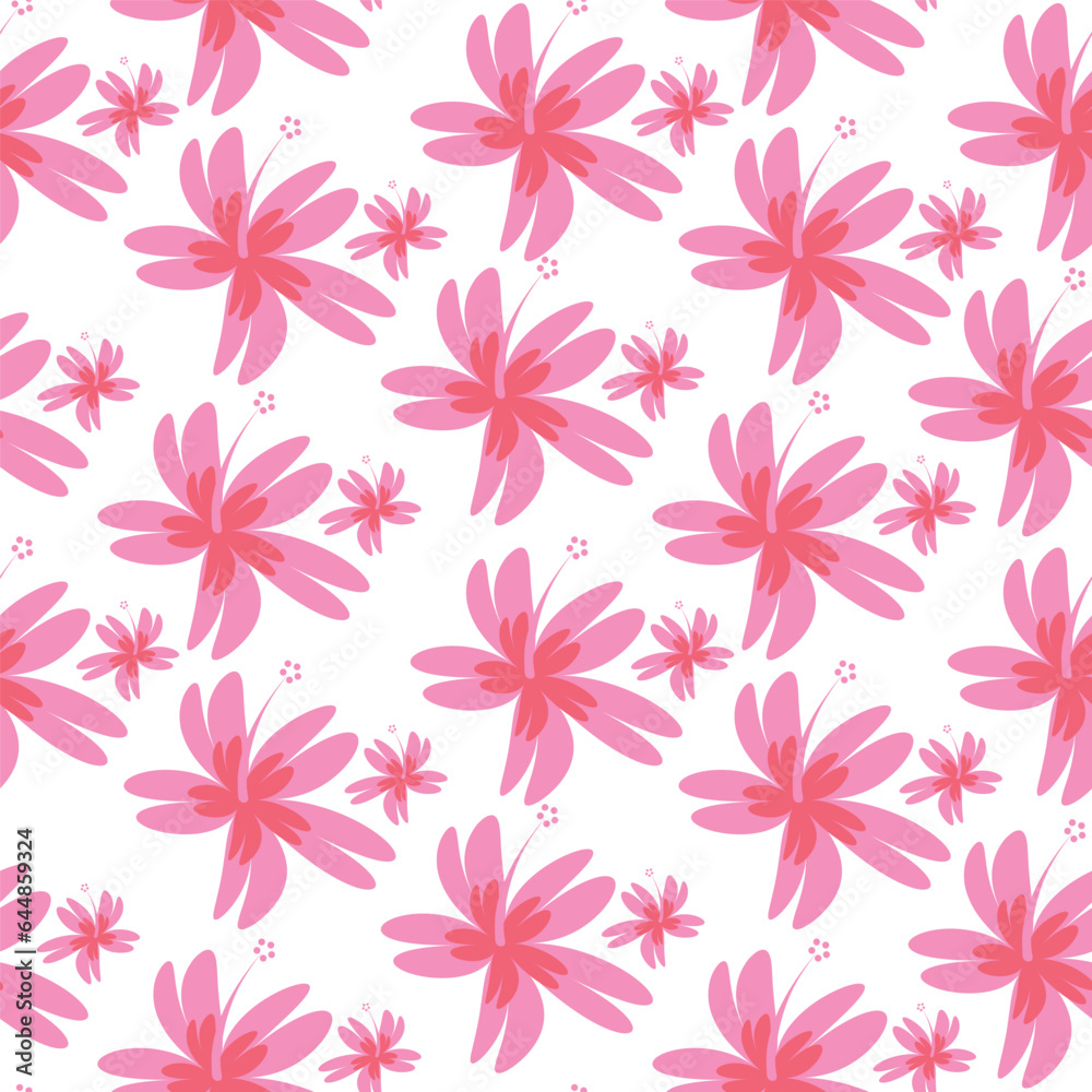 Fototapeta premium Vector floral seamless pattern of pink flowers on a white background.
