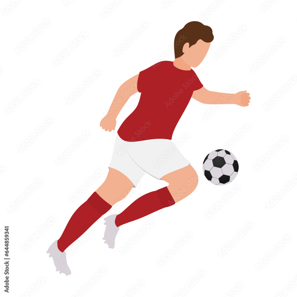 Flat Style Faceless Young Man Kicking Football From Knee.
