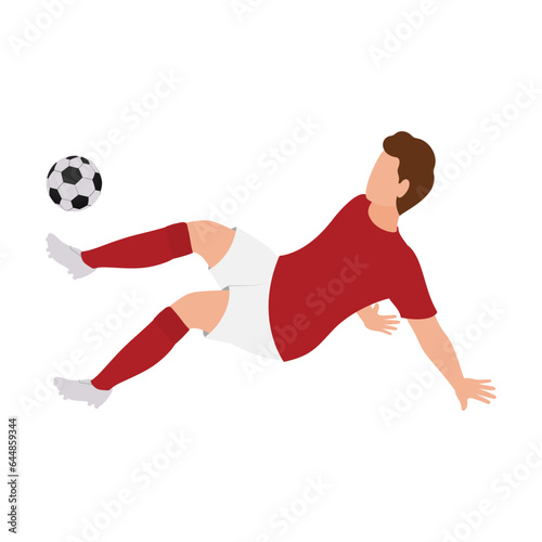 Flat Style Faceless Young Man Player Kicking Football In Falling Pose.