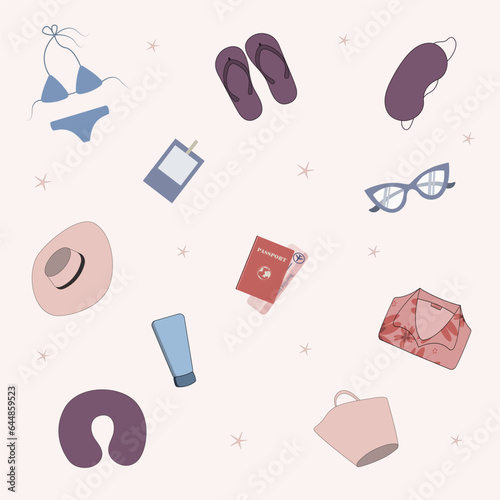 Vector graphic illustration on a white background. A set of summer clothes and accessories. A set for summer holidays. Beach set.