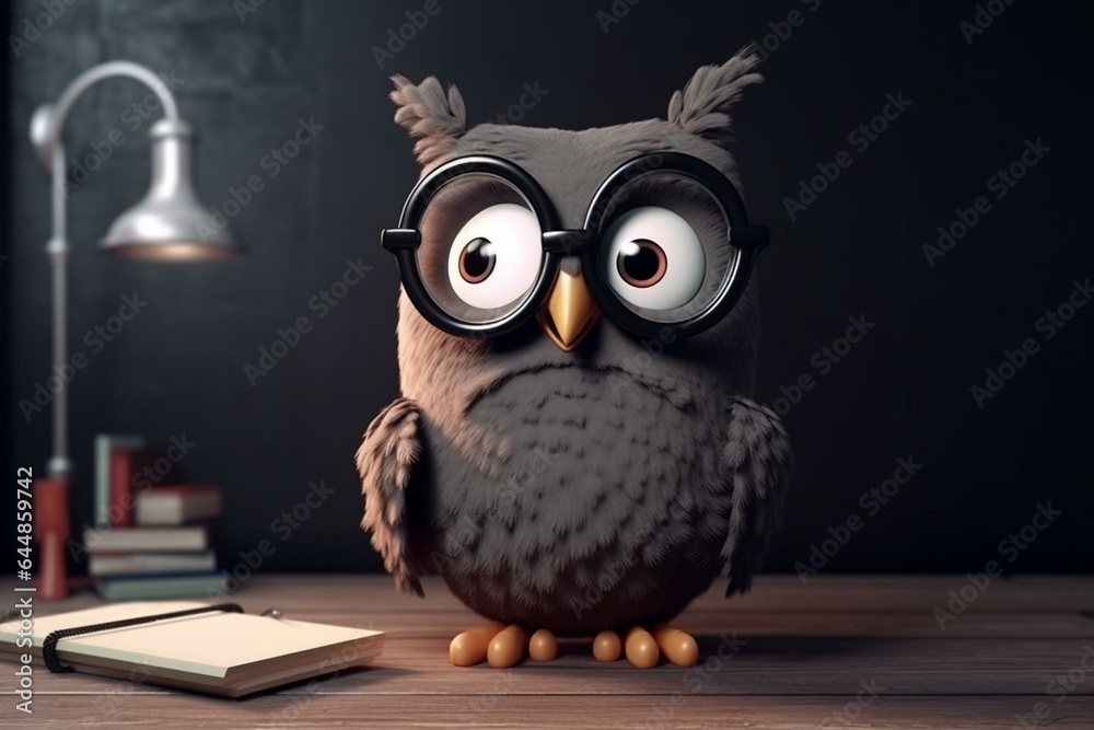 adorable cartoon owl standing near a chalkboard. Generative AI