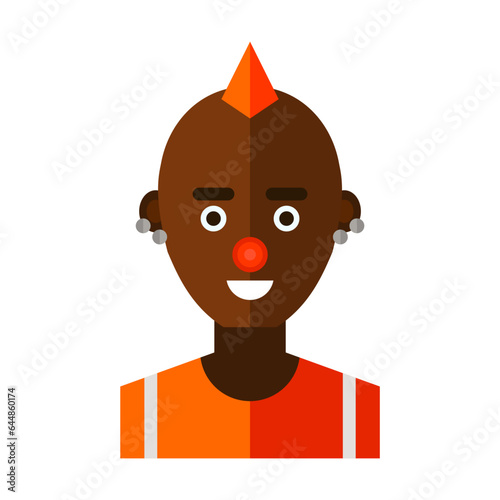 Dark skinned man with unusual appearance. Man with earrings in ears and with Mohawk on head. Multicolored flat vector icon representing people activities and professions isolated on white background.