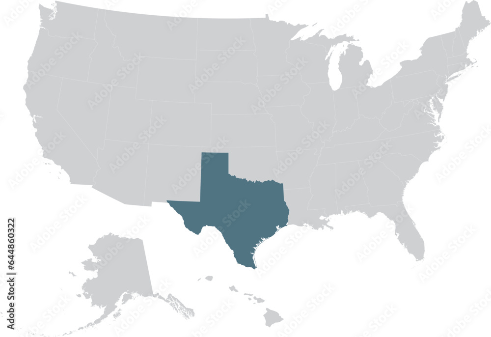 Blue Map of US federal state of Texas within gray map of United States of America