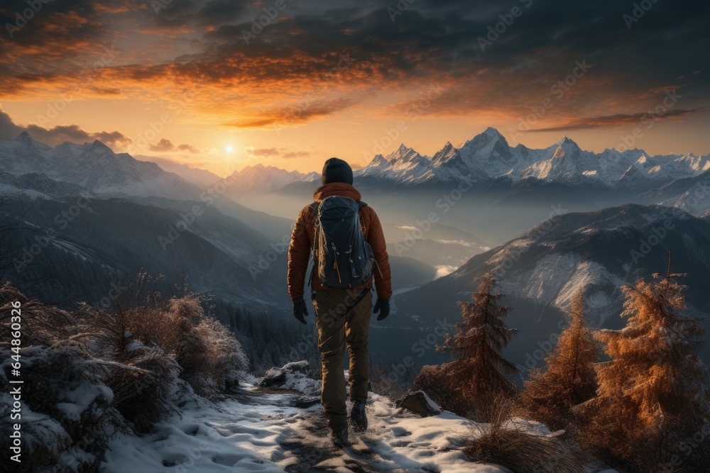 A solitary hiker explores snowy mountain scenery during sunset, an enchanting wilderness adventure. Generated AI