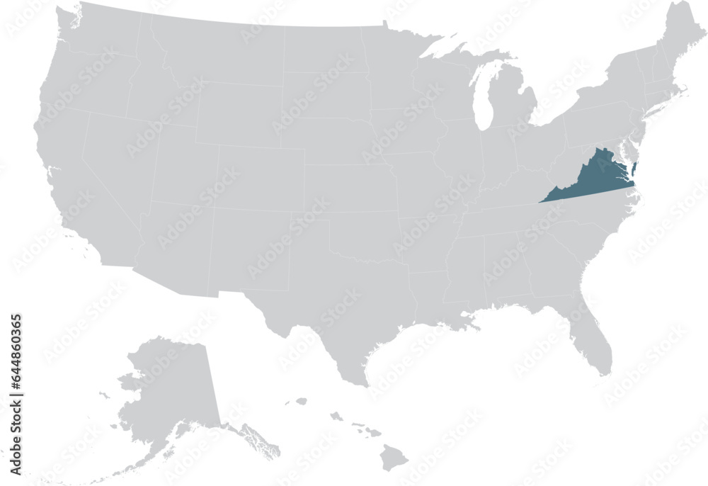 Blue Map of US federal state of Virginia within gray map of United States of America