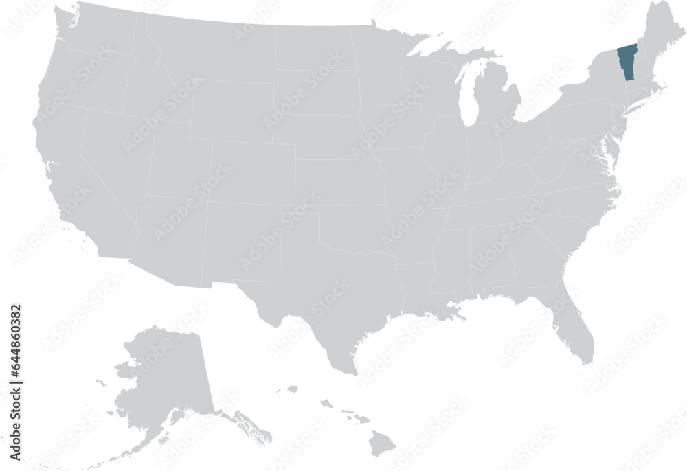 Blue Map of US federal state of Vermont within gray map of United States of America