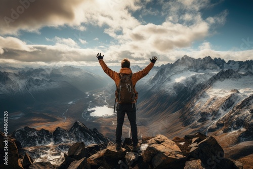 Person celebrates achievement on mountain, arms raised, surrounded by scenic nature. Generated AI