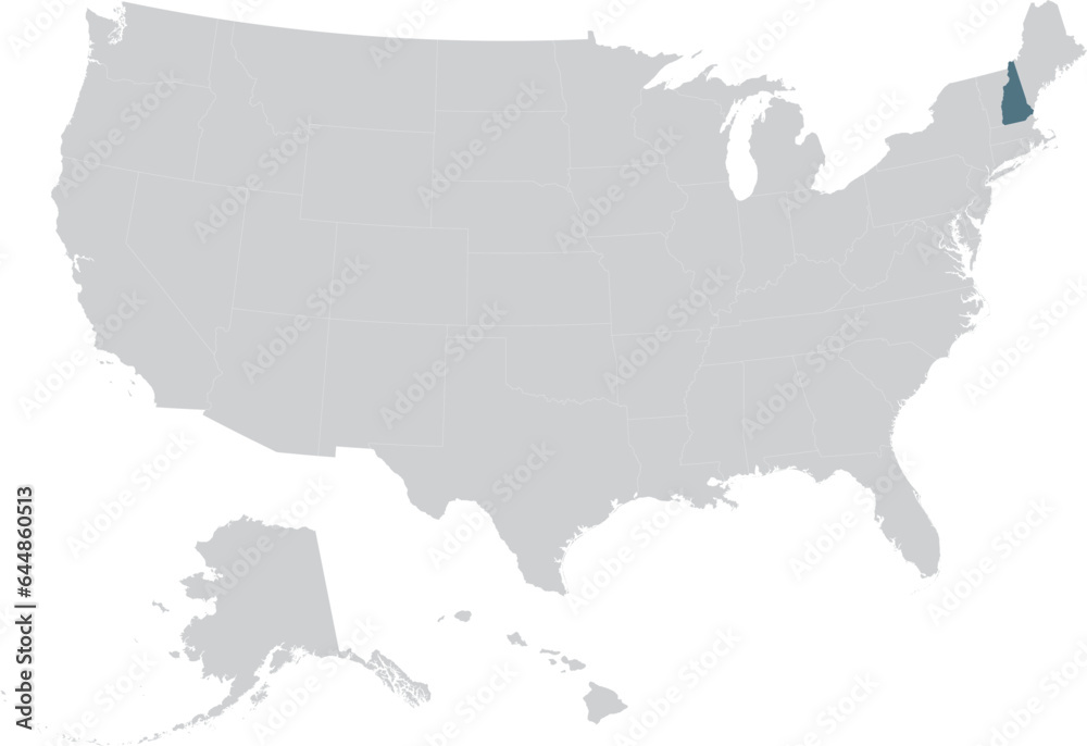 Blue Map of US federal state of New Hampshire within gray map of United States of America