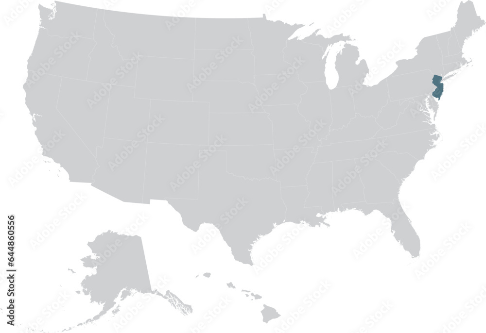 Blue Map of US federal state of New Jersey within gray map of United States of America