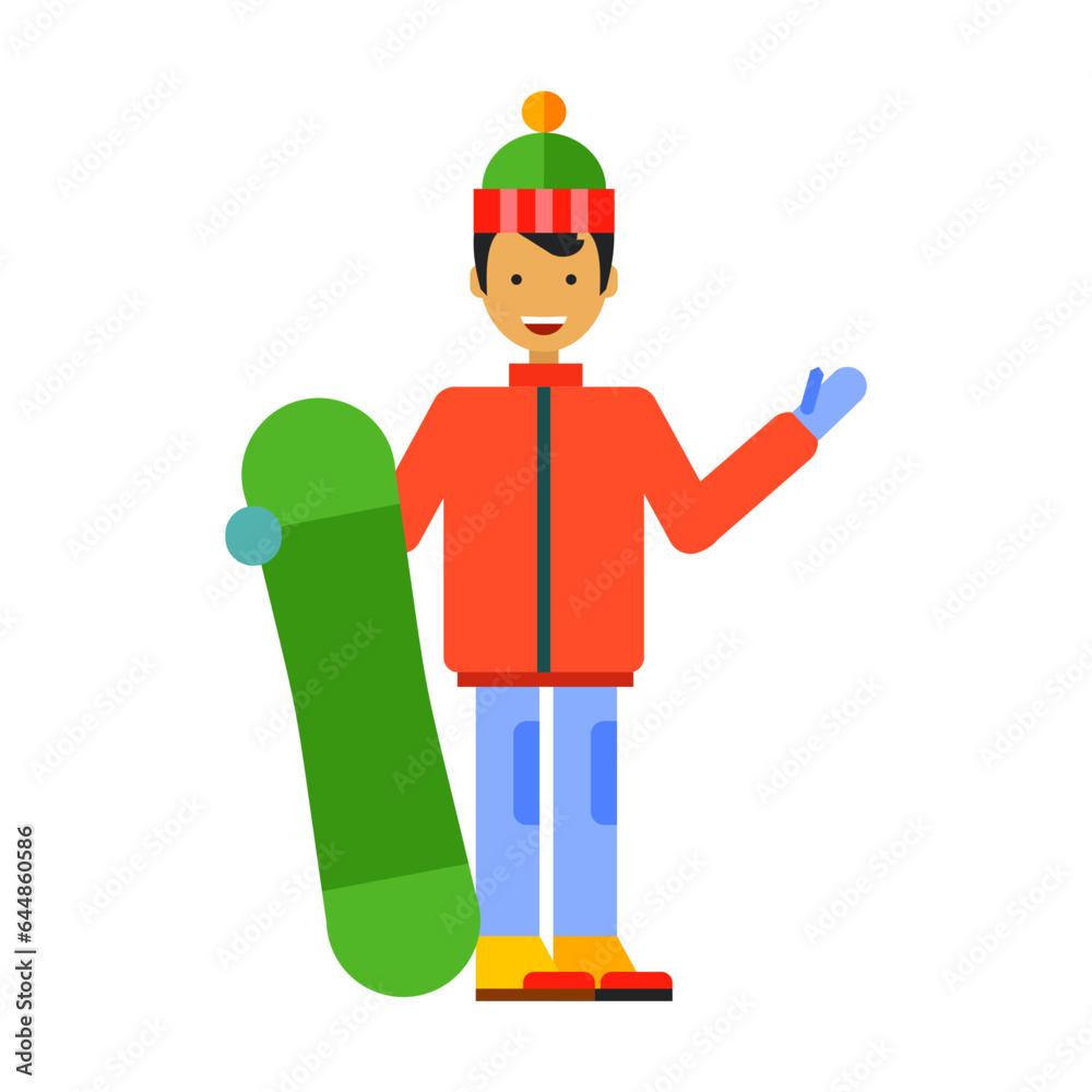  Man in jacket and hat holding snowboard and waving. Multicolored flat vector icon representing people activities and professions concept isolated on white background