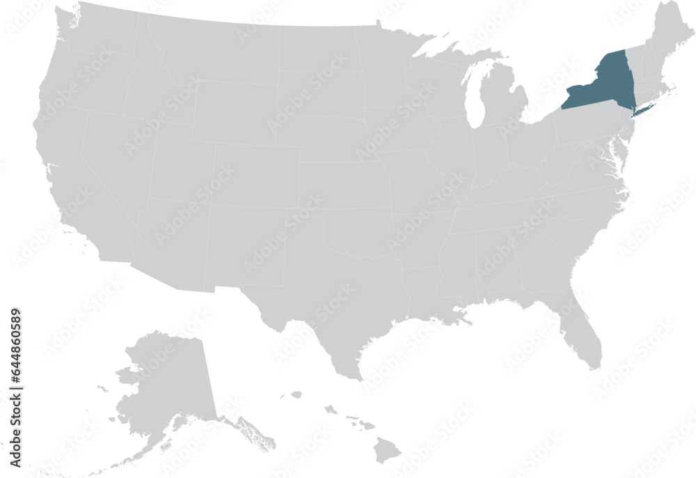 Blue Map of US federal state of New York within gray map of United States of America