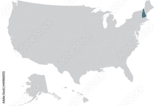Blue Map of US federal state of New Hampshire within gray map of United States of America